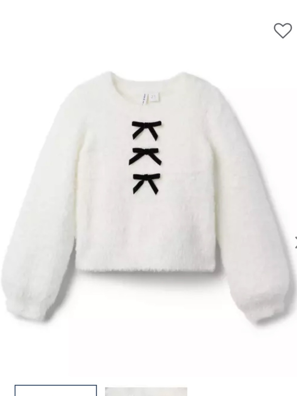 JANIE JACK COZY BOW SWEATER White Fuzzy Pullover Sweater with Black Bow Accents